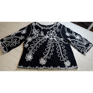 Carole Little VTG Women 3X Blouse Top Blk White Embroidered 3/4 Sleeve Boho Glam
